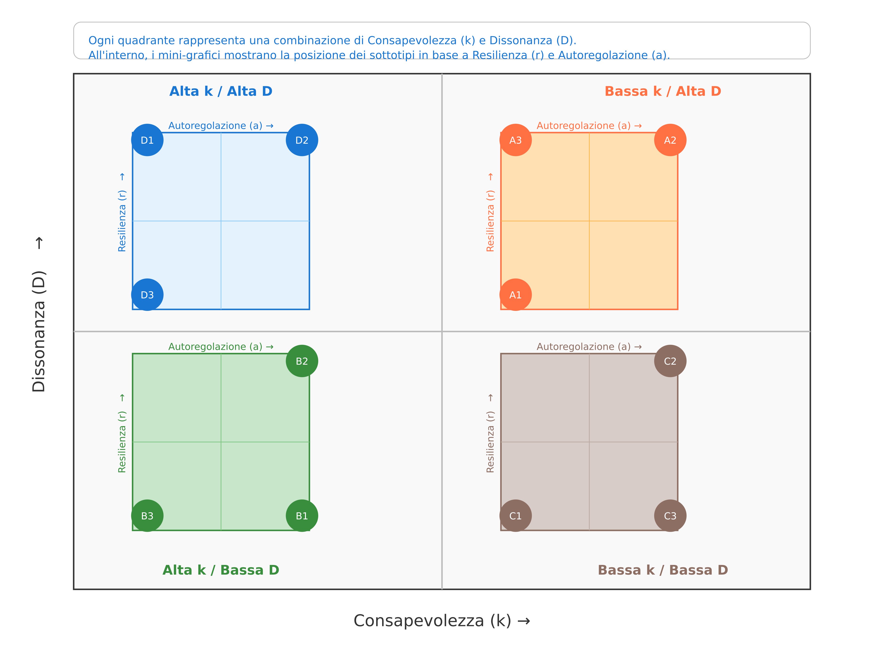 Mappa delle Zone Motivazionali e Sottotipi DDC con 4 quadranti e posizionamento per Resilienza e Autoregolazione